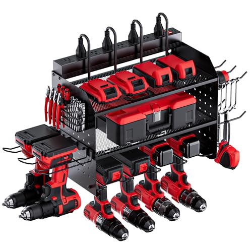 TRZZ Power Tool Organizer Wall Mount, 3-Layer Charging Station with 8 Outlets, 6 Drill Holders and Drill Bit Rack, Efficient and Organized Storage for Garage, Workbench, and Workshop (Black)