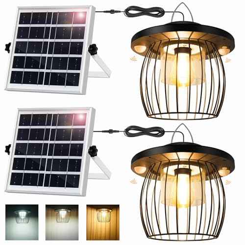 Solar Shed Lights with 2 Motion Sensors, Classic Metal Solar Chandelier Outdoor with 5 Lighting Modes, Waterproof Pendant Lamp with Remote Control for Gazebo, Garden, Patio, Barn(16.4FT Cord, 2 Pack)