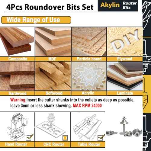 4Pcs Roundover Router Bits,Radius -3/16",1/4",5/16",3/8" Edge Forming Router Bit Set,1/4 Inch Shank,Corner Rounding Router Bits,for Round Trimming,with Ball Bearing Guide