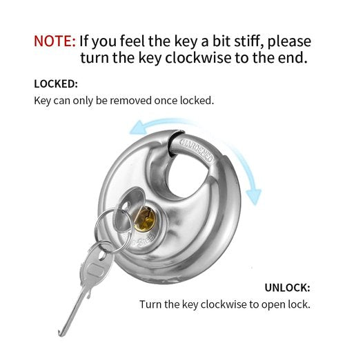 CINCINNO Keyed Alike Discus Padlock, Stainless Steel Storage Unit Lock,2-3/4 in.Wide,3/8 in. Diameter Shackle, Disc Locks for Sheds, Garages and Fence，2Pack
