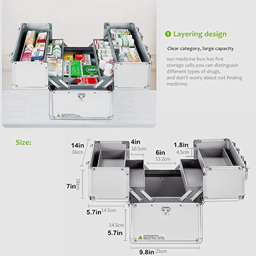 Lockable First Aid Kit Box with Handle, 3-Tier Medication Storage, Large Capacity