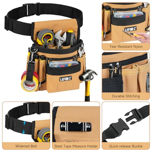 LEFOR·Z Black & Brown 14-Pocket Magnetic Tool Belt with Detachable Pouch for Electricians & Construction