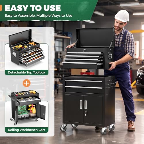 Greenvelly 8-Drawer Rolling Tool Chest with Wheels, Detachable Top, Locking, Black