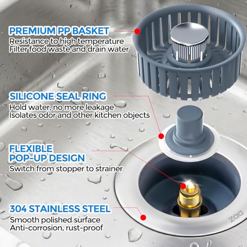ZAa 3-in-1 Silver Kitchen Sink Drain Strainer Stopper with Removable Basket