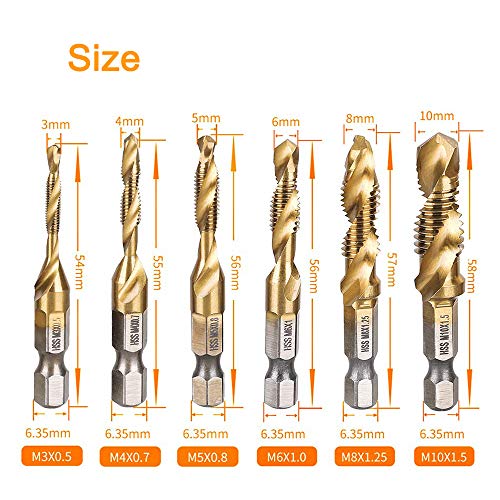 6Pcs Titanium Combination Drill and Tap Bit Set, Metric Drill Tap Bits Screw Tapping Bit Tool 1/4" Hex Shank 3 Functions in 1