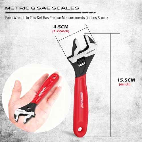 6" Adjustable Wrench Pipe Spanner: Wide Jaw Black Oxide Wrench With Cushion Grip, Laser Marked Metric & SAE Scales, CR-V Steel, for Professionals