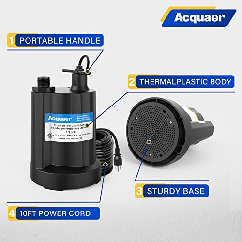 Acquaer Gery Submersible Water Pump 1/6 HP Utility Pump for Drainage 1750GPH