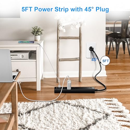 2 Pack Power Strip Surge Protector with 5 Outlets & USB-C, 1250W, 5ft Extension Cord, Wall Mount - IECOPOWER