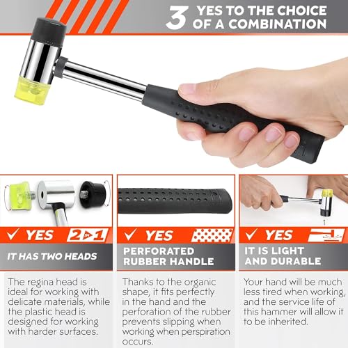 Small Double Faced Hammer for DIY and Crafters - 25mm Non Marring Rubber Mallet Hammer, Stainless Steel Ergonomic Handle, Durable and Long-Lasting, Good for Flooring, Tiling and Woodworking