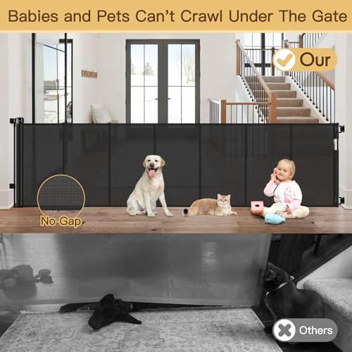 HEELALBABY 37-Inch Tall x 200-Inch Wide Black Retractable Baby Gate with Reinforced Bar - Indoor & Outdoor Mesh Fence for Pets & Kids