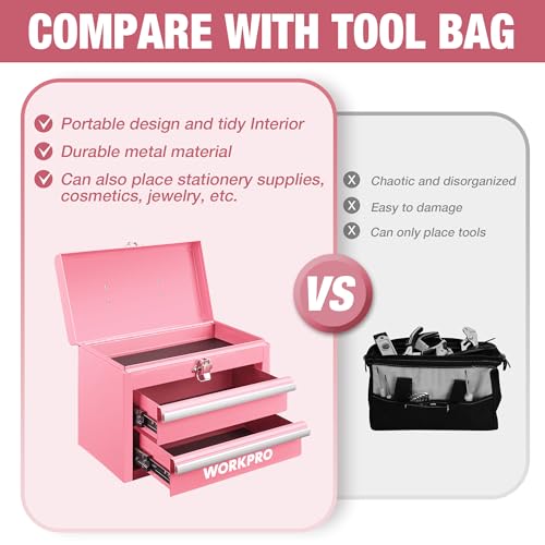 WORKPRO Portable Mini Tool Box 2-Drawer Chest with Top Storage, Pink