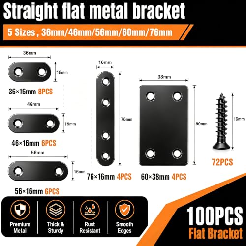 TEOYNGU 100PCS Flat Plate Straight Bracket Set - 5 Sizes Stainless Steel Support for Wood, Cabinets, Shelves, Furniture, and DIY Projects