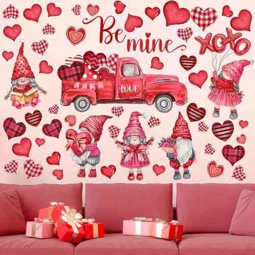 6 Sheets 54 Pieces Valentine¡®s Day Wall Decals Removable Decals Gnome Wall Stickers Love Heart Pattern Cupid Decal Valentine¡®s Day Decoration for Living Room Anniversary Party Home Decor