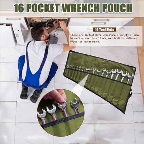 16 Pockets Wrench Roll Up Organizer, Wrench Bag and Tool Organizer Bag, Wrench Roll Up Pouch with Water Proof Oxford Cloth, Roll Up Tool Bag for Wrench Organization, Electrician Gifts