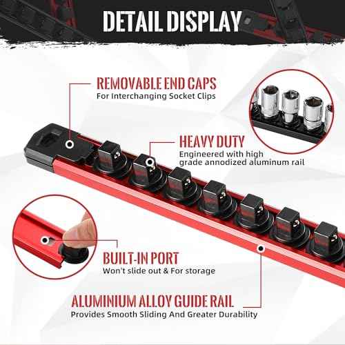 Magnetic Socket Organizer, 3-Piece Heavty Duty Aluminum Socket Holder, Socket Rail for Tool Box, Premium Quality 360¡Æ Swivel Socket Rack Kit with 40 Clips for 1/2, 3/8, 1/4-Inch(Red)