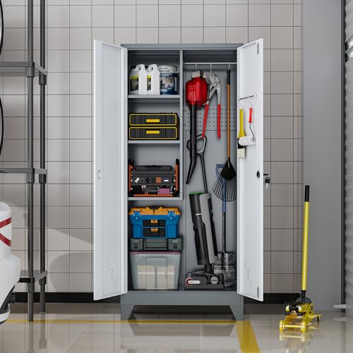 61" Metal Lockable Storage Cabinet with Pegboard & Hanging Rod – White & Gray