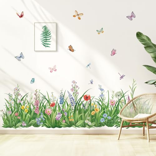 wondever Green Grass Wall Corner Stickers Flowers Butterflies Wildflower Baseboard Skirting Line Wall Decals for Bedroom Living Room