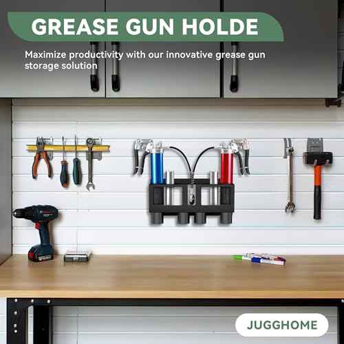 Grease Gun Holder,Grease Gun Rack Wall Mount Compatible with 2 Grease Guns,Grease Gun Storage with Removable Drip Cups &Spare Grease Tube Holder for Workshop, Garage