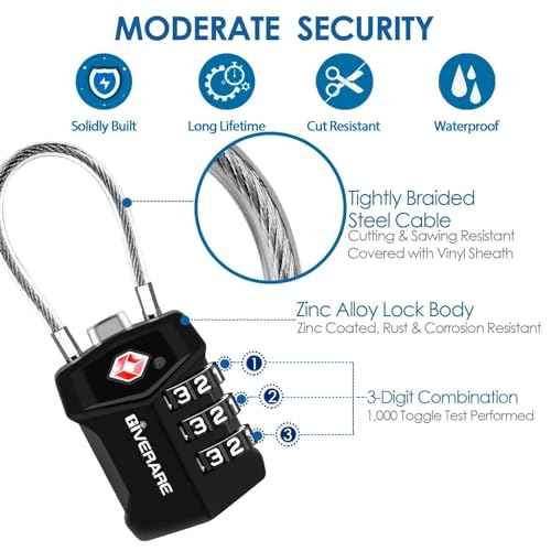 2 Pack TSA Approved Travel Luggage Locks, Cable Combination Lock Alloy, Metal Keyless 3-Digit Padlocks, Weatherproof TSA Accepted Padlock for Gym Locker, Golf Bag Case, Backpack, Black-by GIVERARE