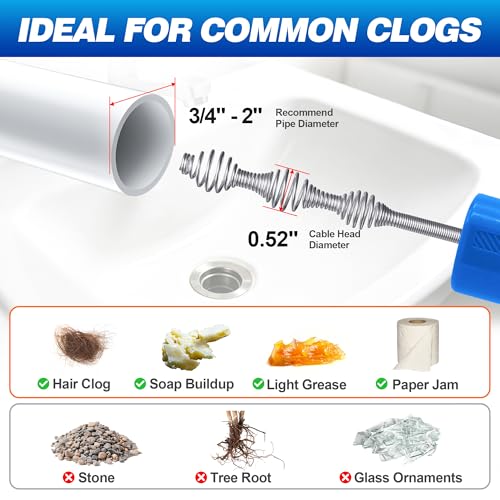 Drainsoon Blue 33Ft Auto-Feed Drain Auger Hair Clog Remover for Plumbing
