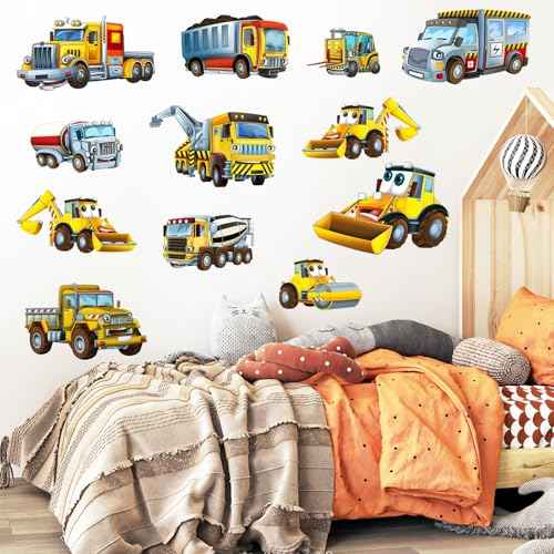 Large Construction Cars Wall Stickers 12 PCS Truck Wall Decals for Kids Room, Cartoon Excavators & Rollers Wall Decor Posters Lovely Vehicles Art Murals Decorations for Nursery Playroom