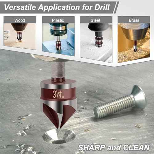 5PCS Countersink Drill Bit Set, 82 Degree HSS Counter Sink Drill Bit for Wood, Metal, Plastic, 1/4"-3/4" with 1/4" Hex Shank Countersink Bit Set