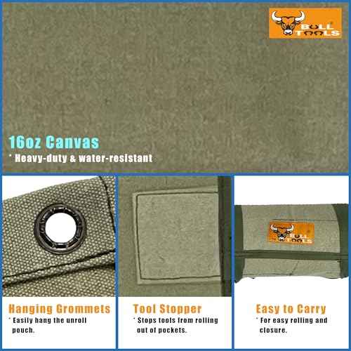 BULL TOOLS Tool Roll Organizer with 26 Pockets for Wrenches, Metric & SAE Durable Cotton Canvas, Roll-Up Tool Pouch for Mechanics, DIYers, & Electricians - Sand Washed Olive Drab (Tools Not Included)