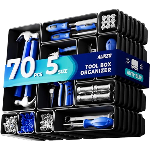 ALIKZO 70PCS Tool Box Organizer Tray Set 5 Sizes with EVA Non Slip Pads (Black) – Interlocking Drawer Bins