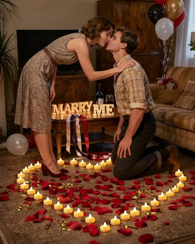 Amagic Romantic Rose Petals & Heart LED Tea Lights Kit for Proposals & Weddings - 1000 Red-Black Petals + 12 White Candles