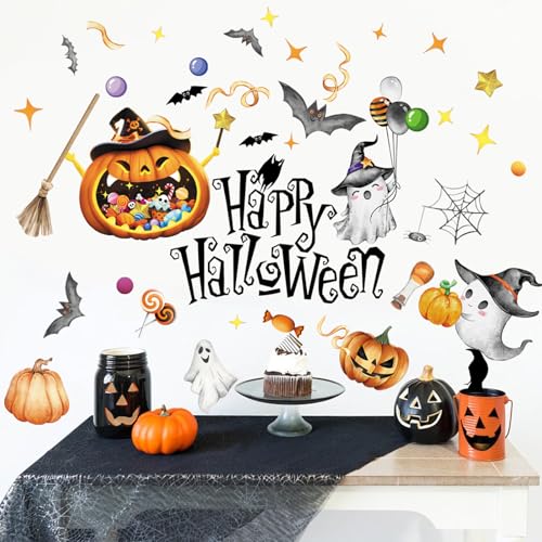 39Pcs Halloween Wall Stickers Cute Ghost Pumpkin Wall Decals Watercolor Peel and Stick Vinyl Decals Self-Adhesive Halloween Window Clings for Party Supplies Gift