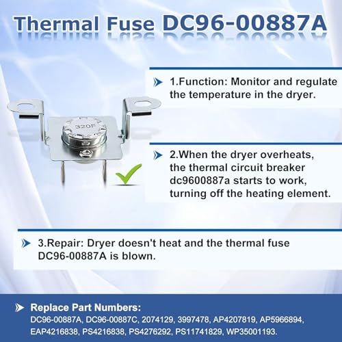 Azdele DC47-00016A Dryer Thermal Fuse Kit for Samsung Kenmore Dryers – Includes Thermostat, Thermistor & Replacement Parts