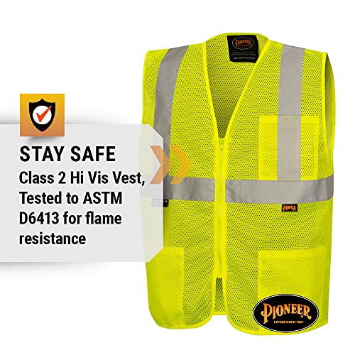 Pioneer Hi Vis Self-Extinguishing FR Safety Vest for Men & Women - Flame Resistant Mesh with Reflective Tape - Class 2