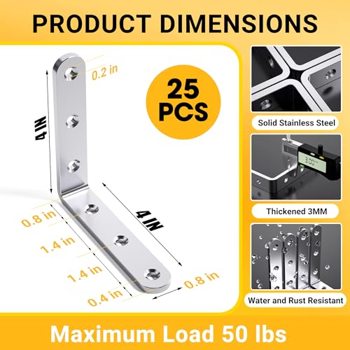 WENQUIT 25-Pack Silver 4x4 Inch Heavy Duty Stainless Steel Angle Brackets