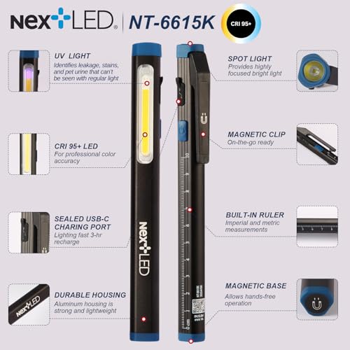 NextLED NT-6615K CRI 95 Auto Detailing Light, Rechargeable Pocket Flashlight, 430 Lumen, 6000K, Magnetic, Spot/Flood/365nm UV Light 3 in 1, for Paint Correction, Swirl Finder, Pro Paint Matching Tool