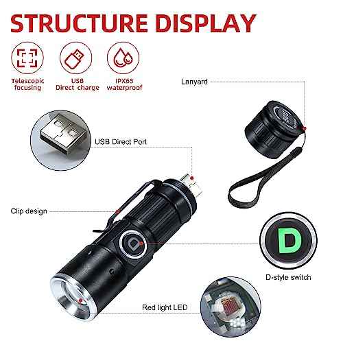DARKDAWN Redlight Flashlight Rechargeable USB, LED Mini Red Light Flashlights Focus Adjustable, Flash Light Portable with Pocket Clip for Fishing, Beekeeping, Hunting, Night Astrophotography