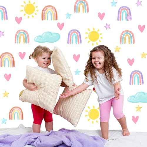 72 PCS Small Boho Rainbow Wall Decals Self Adhesive Rainbow Wall Decor Sticker Watercolor Rainbow Heart Sun Star Cloud Wall Stickers for Girls Boys Baby Bedroom, Nursery Decoration