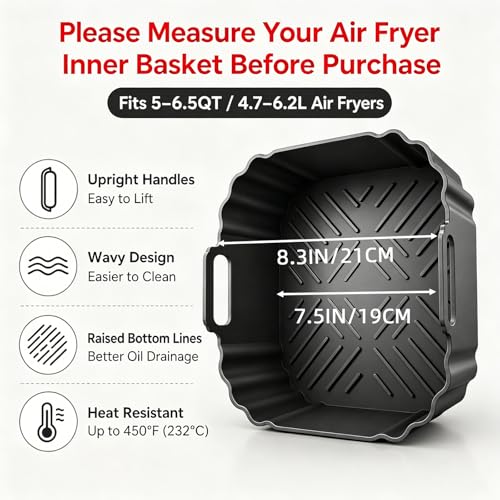 Victoyaw 2-Pack Square Silicone Air Fryer Liners 8.5" for 5-6.5 QT (Black+Red), Ninja AF141/AF181, COSORI, Chefman