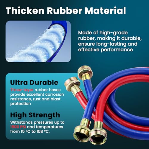 Fetechmate 6ft Rubber Washing Machine Hoses - Burst-Proof, 3/4-Inch NPT, Includes 2 Pack (6FT-Straight)