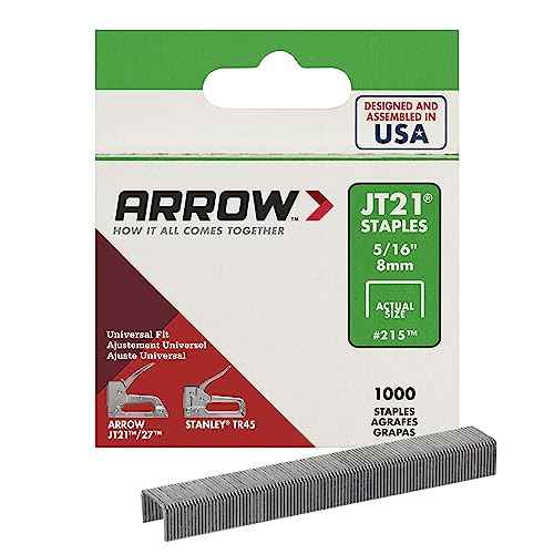 Arrow 215 JT21 Thin Wire Staples for Staple Guns and Staplers, Use for Upholstery, Crafts, General Repairs, 5/16-Inch Leg Length, 7/16-Inch Crown Width, 1000-Pack, Made in the USA