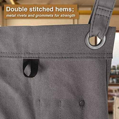 Hudson Durable Goods Woodworking Edition Waxed Canvas Tool Apron for Men and Women, Heavy Duty Work Apron with Front Pockets, Adjustable Padded Straps, Quick Release Buckle, Crossback - One Size, Grey