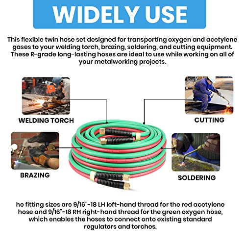 YOTOO Heavy Duty Oxygen Acetylene Hose, Torch Hose 1/4-Inch ¡¿ 25 Feet with 9/16"-18 B fittings Welding Cutting Twin Welding Hose£¬Grade R