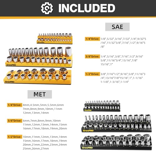 GRENPRO 6-Piece Magnetic Socket Organizer Set – 1/4, 3/8, 1/2 in SAE & Metric, Dual-Row Tray with Magnetic Base (Variation: 6-Piece Magnetic Socket Holder)