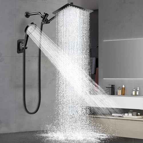 Shower Head,12¡±Rain Shower Head with Handheld Spray Combo with 11'' Angle Adjustable Extension Arm/Flow Regulator/Shower System,High Pressure Rainfall Shower Head Clean Bathroom,Matt Black