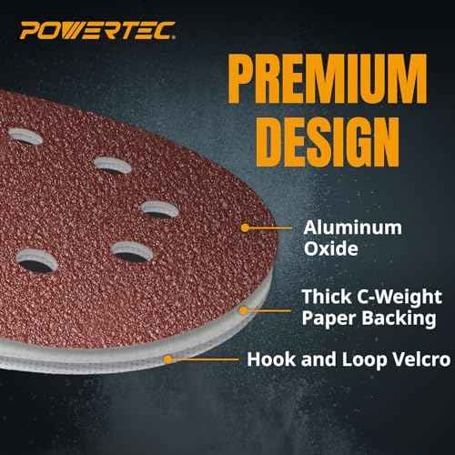 POWERTEC 25PK, 80 Grits, Sanding Discs 5 Inch - Hook and Loop, 5 Inch 8 Hole Aluminum Oxide Sandpaper Discs, Woodworking Sanding Pads for Random Orbital, Palm, Air, DA & Pneumatic Sander (45008)