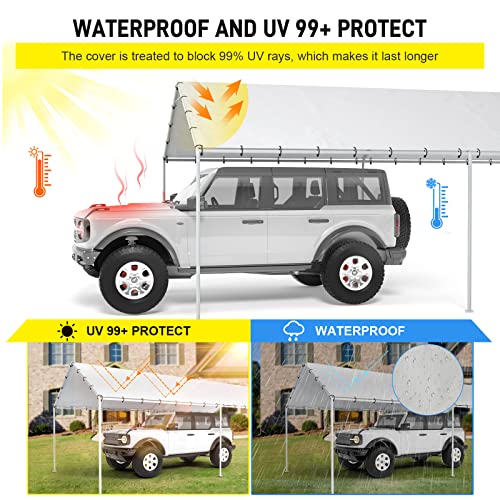 10x20ft White Carport Canopy Replacement Cover with Bungee Cords - Waterproof UV Resistant Shelter