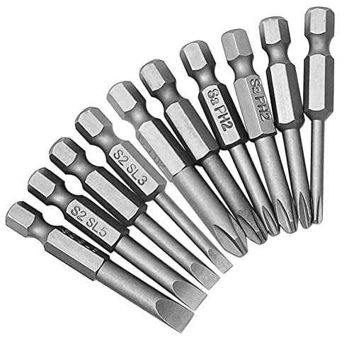 10Pcs Magnetic Screwdriver Bit Sets 1/4 Inch Hex Shank Flat Slotted + Phillips Cross Head Screw Driver S2 Steel Drive Drill Bits for Electric Screwdrivers (2 inch/50mm Length)
