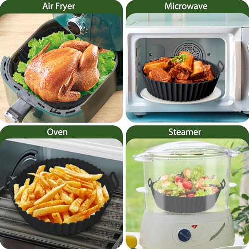 Komzon 3Pcs 8 inch Air Fryer Silicone Liners - Green Blue Grey, Reusable Basket Mat