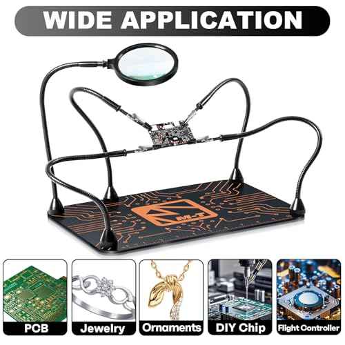 M-T Helping Hands Soldering Station, Magnetic Third Hand Tool PCB Holder with 5X Magnifying Glass 13x9 IN Non-Slip Steel Weighted Base 4 Arms for Electronic Repair Soldering Jewelry Crafts and Welding