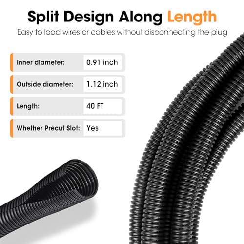 YesBes 1" x 40ft Black Split Wire Loom Tubing - Electrical Conduit & Protector