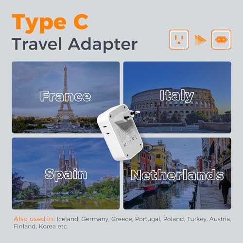 TESSAN European Travel Plug Adapter 2 Pack Grey-White Type C 20W USB-C & USB-A